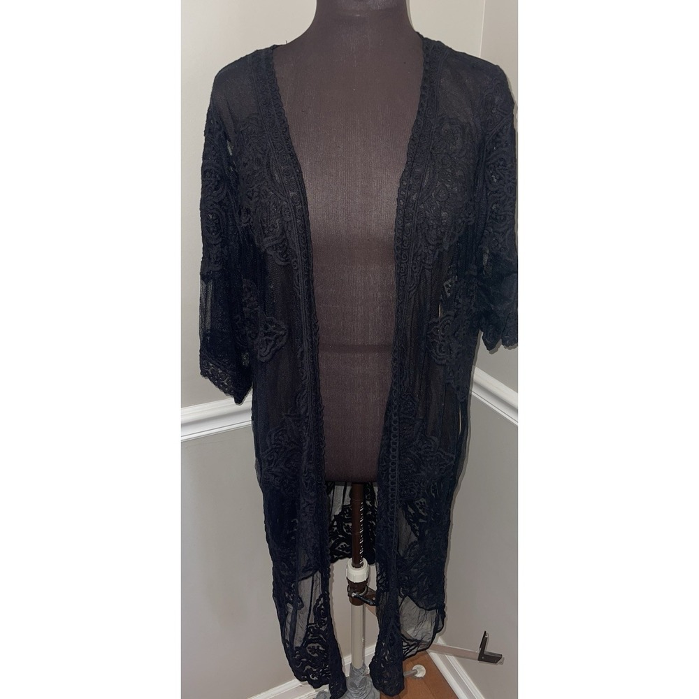 Black Sheer Lace Duster Long Kimono‎ Open Front Whimsigoth Boho Festival  Witchy